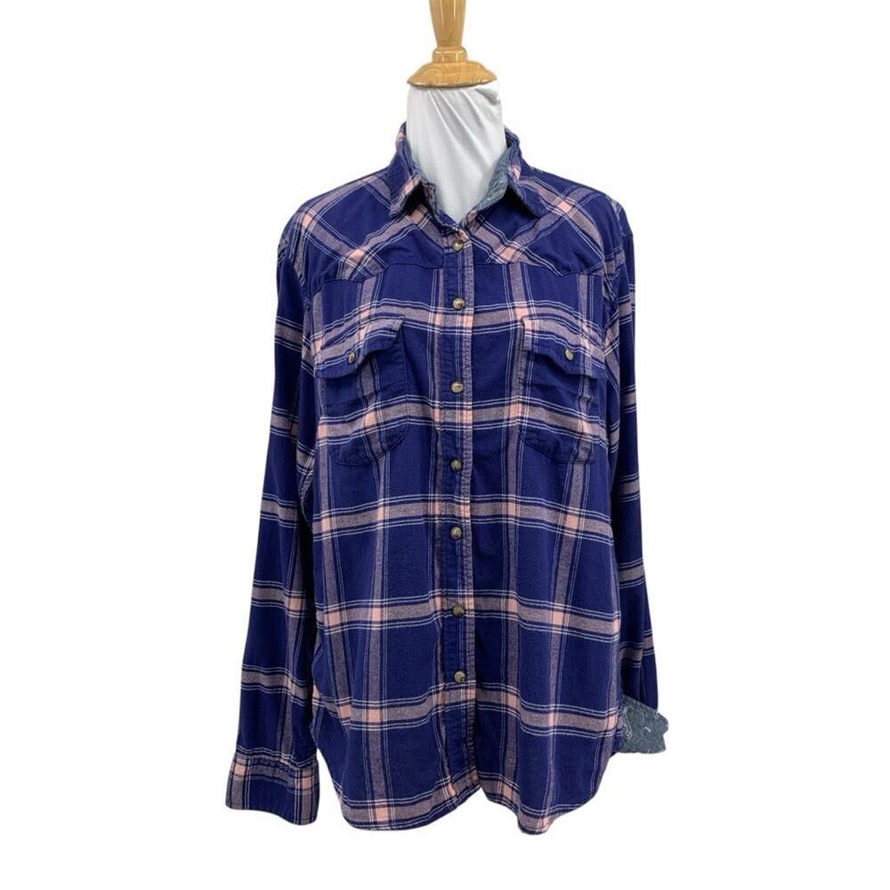 Jachs Girlfriend Shirt Womens M Medium Violet Plaid Pear Snap Buttons Flip Cuff